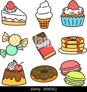 Set of cute snacks and sweets with outlines Stock Vector