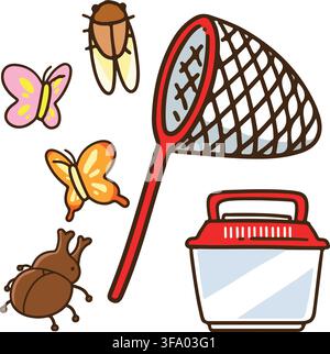 Butterfly net and bugs Red set Stock Vector