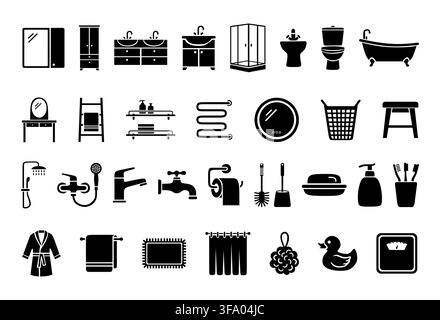 Collection of bathroom equipment and furniture icons. Set of plumbing fixture, sanitary accessory and hygiene object in flat black style. Stock Vector