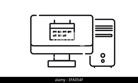 Desktop computer tower and monitor with calendar symbol on screen vector icon. Black line art style on white background. Stock Vector