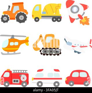 Simple and flat warm colored vehicles Stock Vector