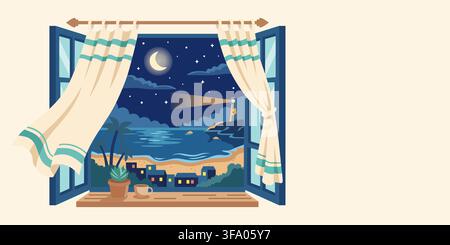 Open window with view of beach landscape at night. Light from lighthouse shines over sea and small town under moon and starry sky. Cozy interior scene Stock Vector