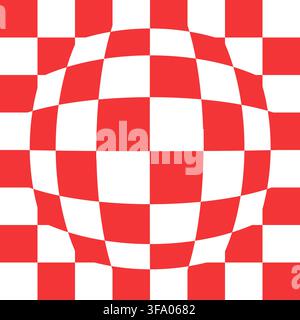 Red white checkerboard curved squares form a grid bulge optical illusion pattern with rounded central distortion and depth Stock Vector