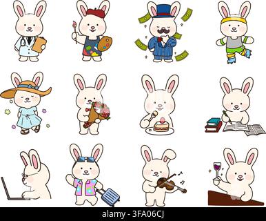 Adorable hand drawn white bunny doing different activities outlined Stock Vector