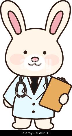 Adorable white bunny in hospital uniform holding a clipboard outlined Stock Vector