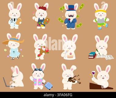 Adorable hand drawn white bunny doing different activities flat colored Stock Vector