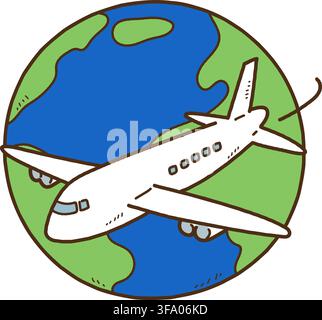 Simple hand drawn airplane flying around the planet earth outlined Stock Vector