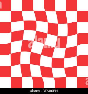 Red white checkerboard waves create curved square grid pattern optical motion Stock Vector