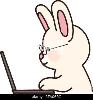 Adorable bunny with glasses on using a laptop outlined Stock Vector