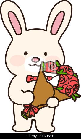 Adorable white bunny with a bouquet of red roses outlined Stock Vector