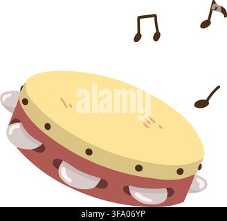 Simple hand drawn tambourine with musical notes flat colored Stock Vector