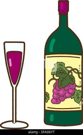 Simple hand drawn wine bottle and wine glass outlined Stock Vector