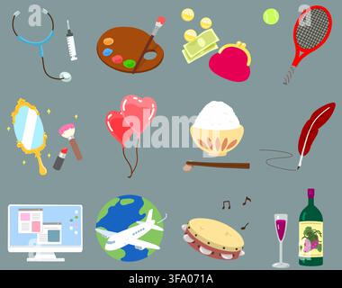 Set of adorable hand drawn profession tools and seasonal objects flat colored Stock Vector