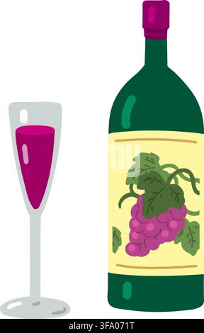 Simple hand drawn wine bottle and wine glass flat colored Stock Vector