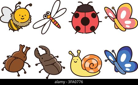 Cute and simple insects set outlined Stock Vector