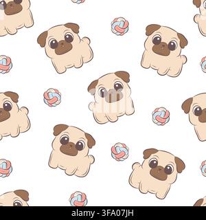 Vector seamless pattern pugs and rope toys Stock Vector