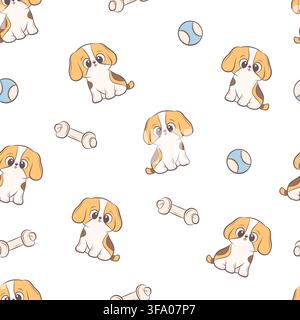 Vector seamless pattern beagle puppies and pet toys Stock Vector