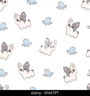 Vector seamless pattern French bulldogs and playful octopuses Stock Vector