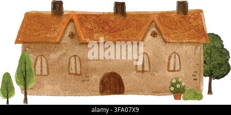 Hand drawn cozy watercolor flat orange house with trees Stock Vector