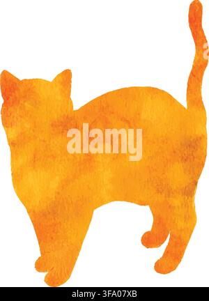 Cute watercolor cat silhouette in orange color, all hand drawn. Stock Vector