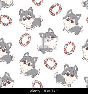 Vector seamless pattern cute husky puppies and rope toys Stock Vector
