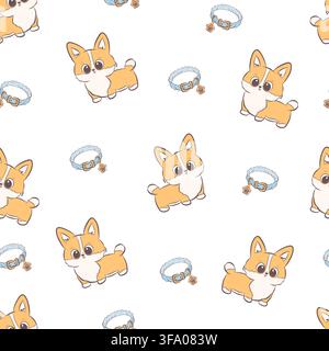Vector seamless pattern corgi puppies and collars Stock Vector
