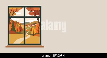Window view of rural village landscape in autumn season. Fall trees and path in countryside. Seasonal nature scenery through home window frame. Stock Vector