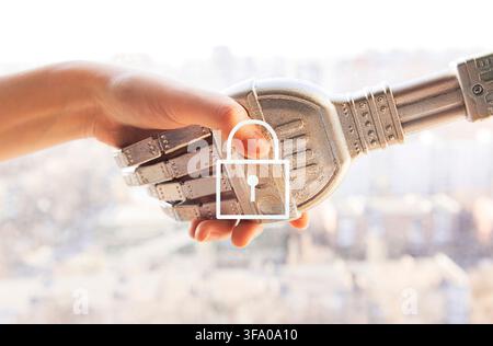 Human hand engages in a handshake with a robotic hand, representing the fusion of technology and human interaction, with an urban landscape in the bac Stock Photo
