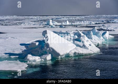 Arctic ocean showing large ice floes and broken ice chunks floating on cold water, illustrating polar environment, global warming, and melting glacier Stock Photo