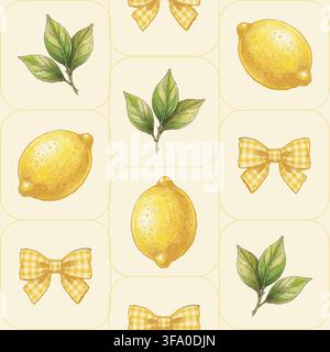 High-quality vector repeat pattern featuring a grid lattice arrangement of ripe yellow lemons, green botanical leaves, and cute yellow checkered ribbo Stock Vector