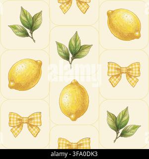 High-quality vector repeat pattern featuring a grid lattice arrangement of ripe yellow lemons, green botanical leaves, and cute yellow checkered ribbo Stock Vector