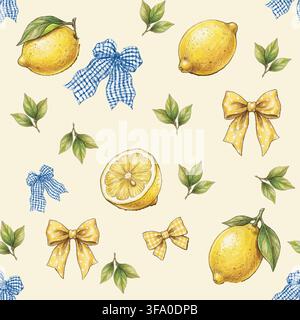 High-quality vector repeat pattern featuring watercolor style illustrations of ripe yellow lemons, citrus slices, green leaves, and elegant blue gingh Stock Vector