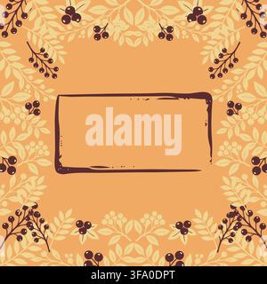 Symmetrical seasonal card template with graphic illustrations of leafy twigs and wild berries on a warm orange backdrop. Features a central textured r Stock Vector