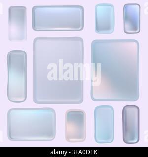 Glossy transparent badge showing soft pink and blue chromatic iridescent shades. Premium glassmorphic interface graphic for futuristic app design. Stock Vector