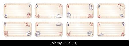 School beige wooden note card set with educational doodles. Color whimsical labels, school memo cards, vector teacher printable cards. Classic note te Stock Vector
