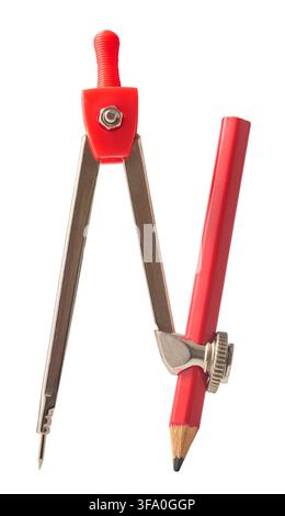 red drawing compass isolated white background, metal drafting tool with attached red pencil, side view in close-up Stock Photo