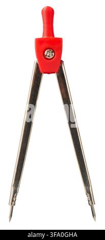 red metal drawing compass isolated white background, geometry divider tool with sharp points and plastic handle, side view Stock Photo
