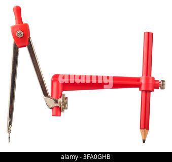 red drawing compass and pencil with extension arm isolated white background, metal drafting tool with sharp point, side view in close-up Stock Photo
