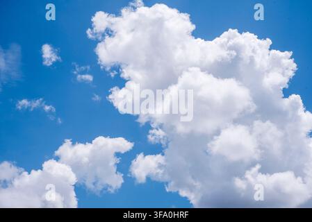 Bright blue sky filled with large fluffy white cumulus clouds on a clear sunny day creating a fresh and vibrant cloudscape perfect as a natural backgr Stock Photo