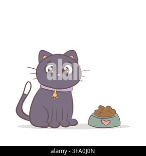 A vector illustration of a black cat with a bowl of food Stock Vector