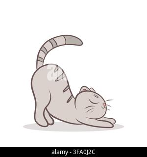 A vector illustration of a grey striped cat stretching Stock Vector