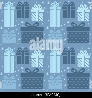 Seamless pattern with stylized gift boxes and decorative stars on dark blue background. Ideal for holiday packaging and winter design projects Stock Vector