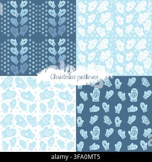 Set of seamless winter patterns with cozy mittens and snowflakes in soft Scandinavian colors. Perfect for textile design, wrapping paper, kids product Stock Vector