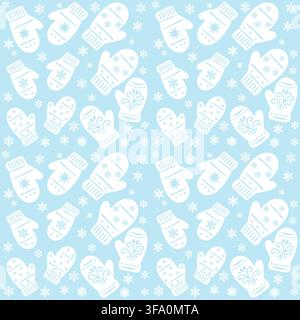 Playful seamless pattern with scattered mittens and snowflakes in light winter palette Stock Vector