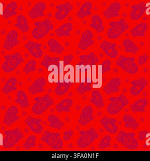 Dense seamless pattern with mittens and snowflakes in festive red tones Stock Vector