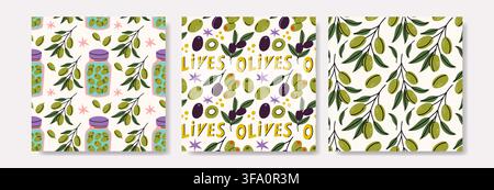 Green And Black Olive Seamless Pattern Set Stock Vector