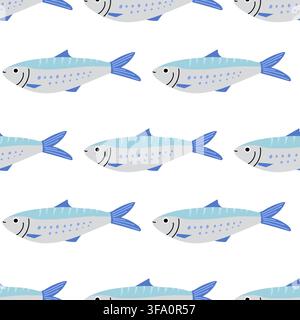 Cute Blue Sardine Fish Seamless Pattern Illustration Stock Vector