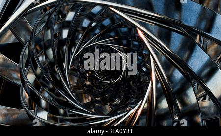 Dark abstract 3D rendering of intertwined polished metal rings forming a deep spiral vortex, with reflective steel surfaces, curved lines, shadows, an Stock Photo