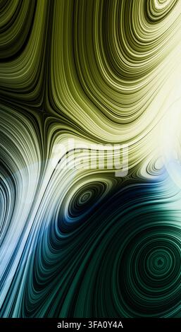 Colorful abstract render of layered ripples and flowing curved lines in olive green, blue, black, and cream tones, creating a fluid organic pattern wi Stock Photo