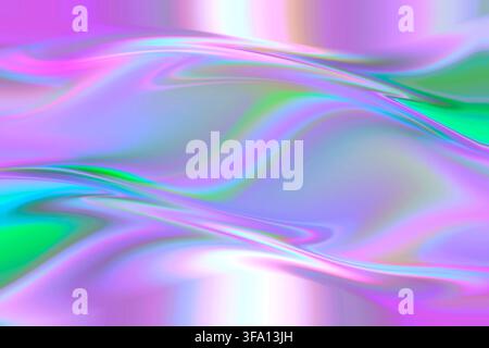 Abstract iridescent tech background featuring smooth curving holographic waves in pastel purple, cyan, green, and pink, creating a futuristic luminous Stock Photo